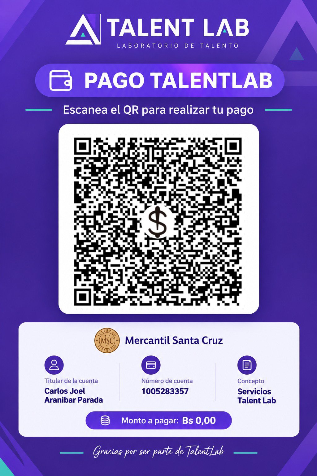 Código QR oficial de pago TalentLab - Banco Mercantil Santa Cruz